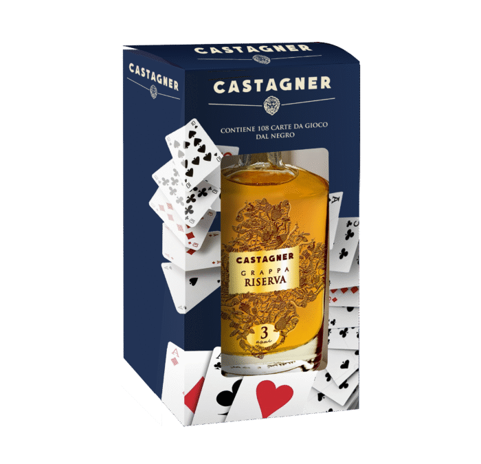 Grappa da Brunello 12 Mesi Barrique Regina di Cuori con Carte da Gioco Castagner 50cl
